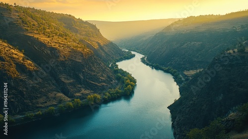 Serene river winding through a majestic valley at golden hour, inviting exploration of hidden natural beauty.
