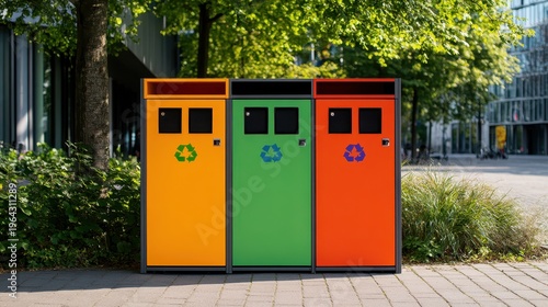Three brightly colored recycling bins with clear waste sorting symbols stand on a city street on a sunny day