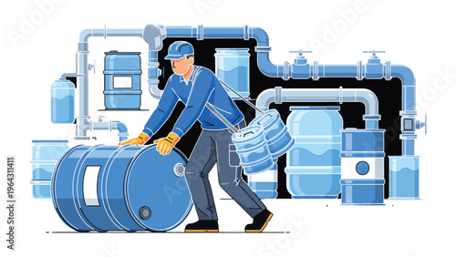 Industry worker in the factory: A worker in a factory, diligently handles barrels as part of industrial processes.