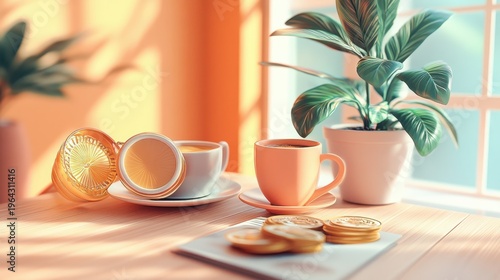 Two cups of warm coffee and stacked biscuits on a wooden table with a plant in natural morning sunlight