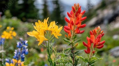 Vibrant Mountain Wildflowers in Full Bloom Displaying a Spectrum of Bright Colors Against a Lush Green Landscape