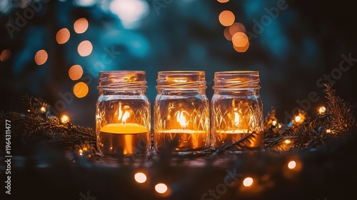Three Warm Christmas Candles Glow in Mason Jars on a Festive Holiday Table with Soft Bokeh Lighting