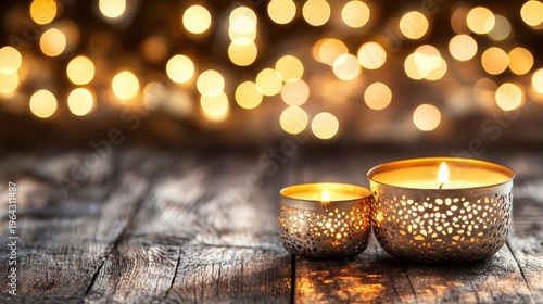 Two warm Christmas candles in decorative metal holders on a rustic wooden table with soft bokeh lights creating a cozy ambiance