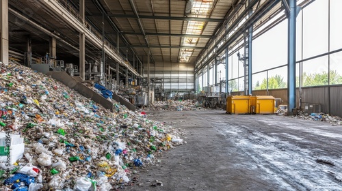Vast industrial waste processing facility interior filled with accumulated refuse and processing machinery under natural light