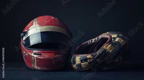 Vintage Racing Helmets in Dramatic Studio Lighting, Showcasing Classic Motorsport Gear