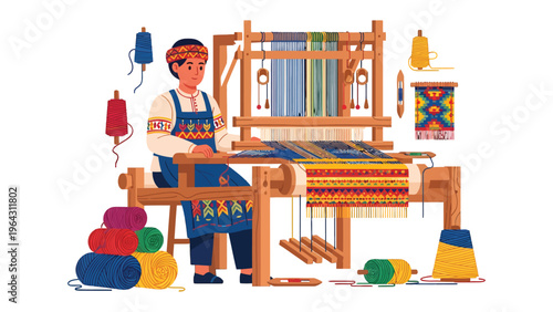 Artisan at Work: An artisan meticulously weaves intricate patterns on a traditional loom, surrounded by spools of vibrant thread. Witness the skilled craftsmanship and cultural heritage.