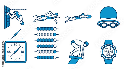 Set of competitive swimming icons for sports training and exercise