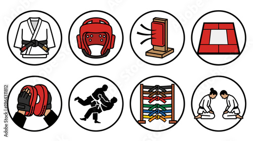 Martial Arts Equipment and Training Icons Set for Combat Sports
