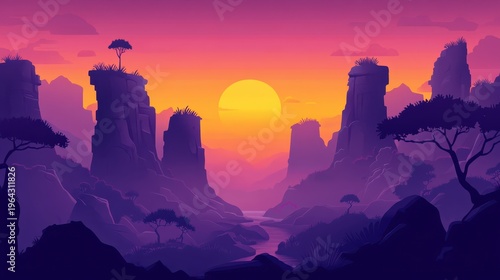 Vibrant sunset or sunrise illuminating a majestic mountain valley with dramatic rich colors painting the sky and landscape.