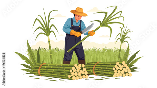 Farmer Harvesting Sugarcane: A dedicated farmer, equipped with protective gloves, meticulously harvests sugarcane, illustrating the agricultural process.
