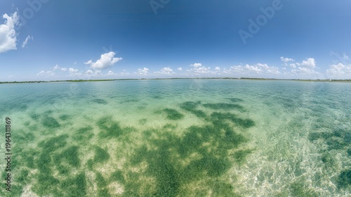 Vast expanse of turquoise water with vibrant green algae blooms and a clear blue sky