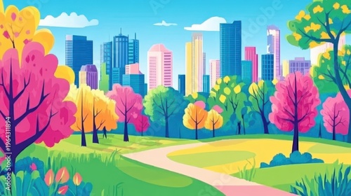 Vibrant cityscape with lush green parks and colorful modern buildings, a harmonious blend of urban life and nature
