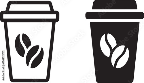 Two stylized coffee cups one black outline with white beans one solid black with white beans