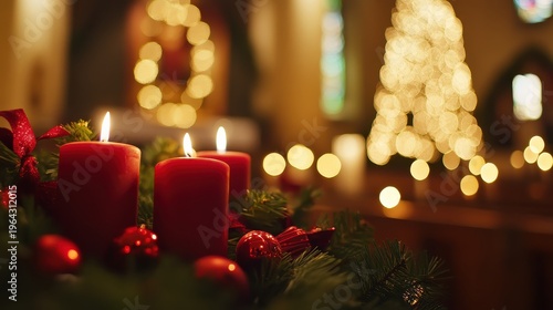 Warm Christmas Advent Candlelight Service with Traditional Church Decorations and Festive Glow