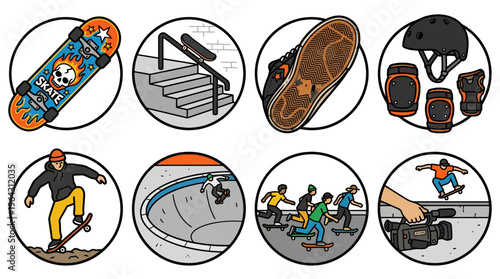 Skateboard Culture Icon Set with Street Skating Stickers and Gear