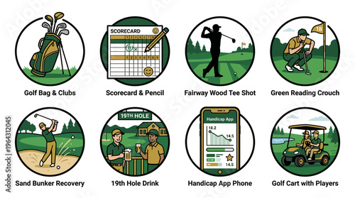Golf Icons Set Illustrations of Equipment and Course Activities