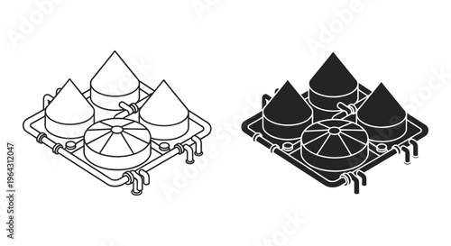 Isometric industrial factory plant vector, black and white line art of storage silos and pipelines, heavy industry manufacturing facility icons