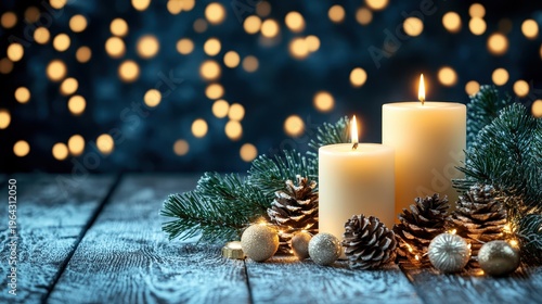 Warm Christmas Candles with Pinecones and Fir Branches Creating a Cozy Festive Ambiance on a Wooden Surface