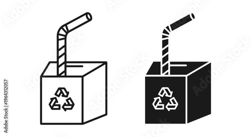 Eco-friendly juice box vector icons with recycling symbol, sustainable beverage packaging set, minimalist drink carton with straw line art