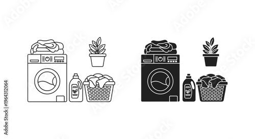 Laundry room icon set with washing machine and clothes basket, black and white vector line art, household cleaning and chore symbols