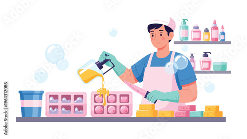 Crafting Handmade Soaps: A artisan meticulously pours a fragrant mixture into molds, creating beautiful soaps. This image celebrates the art and dedication of crafting natural, handmade products.