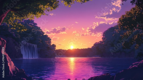 Vibrant sunset casting warm colors over a peaceful lake with a distant waterfall and lush trees.