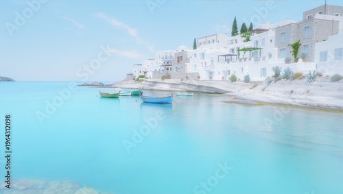 Greek Island Coastal Village with Colorful Boats on Turquoise Water