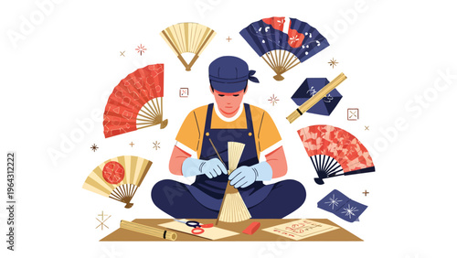 Crafting Elegance: A skilled artisan meticulously creates an array of exquisite fans, showcasing the artistry and detail that goes into each unique design.