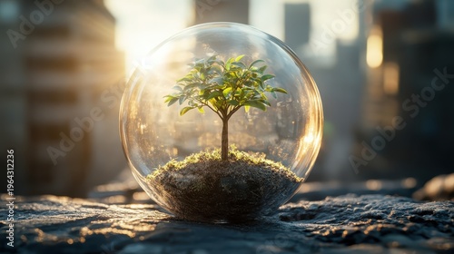 Young Tree Growing Inside a Transparent Sphere Against a City Skyline with Golden Sunlight