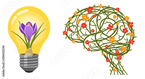 Creative mental health concept with flower lightbulb and blooming brain, floral vine brain illustration, sustainable green energy and growth vector