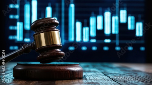Wooden gavel poised above sounding block against abstract financial charts background representing law and business finance