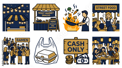 Night market and street food festival vector illustration icons set