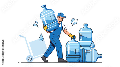 Water Delivery in Action: A determined water delivery worker, meticulously managing and transporting multiple large water bottles, embodying efficiency and service excellence.