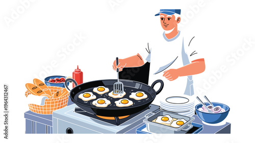 Chef's Culinary Creation: A skilled chef expertly prepares a sizzling pan of sunny-side-up eggs, artfully composing a delectable breakfast in a culinary environment.