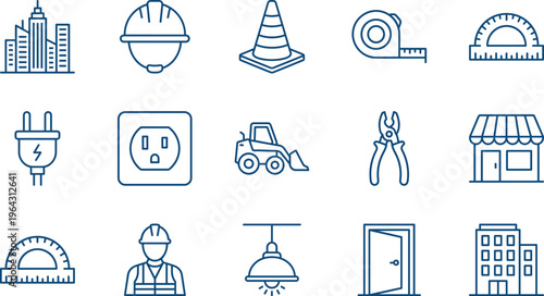 Set of Blue Line Construction Icons Featuring Architecture, Engineering Tools, Hard Hat, Traffic Cone, Tape Measure, Protractor, Pliers, and Buildings