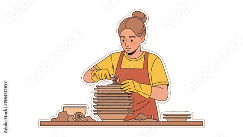 Crafting Ceramics: A skilled artisan, absorbed in the pottery process, meticulously refines the form of clay plates with precision, passion and dedication, showcasing a blend of art and functionality.
