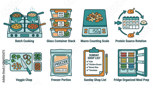 Meal prep and healthy eating planning flat vector icons