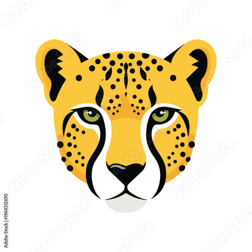 Vibrant cheetah head with green eyes and black spots on yellow fur