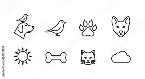 Collection of simple line art icons representing pets and nature elements