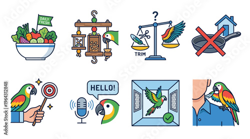 Parrot bird care training and pet safety vector icon set