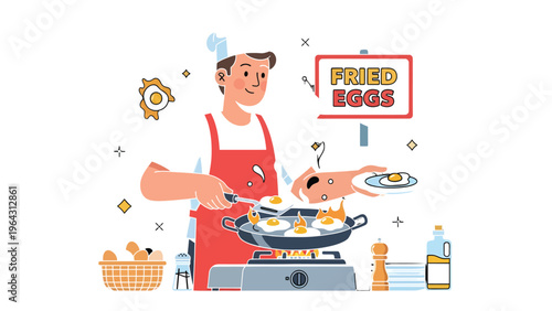 Chef's Morning Delight: A skilled chef in a classic hat and apron expertly prepares a delicious breakfast of fried eggs. The scene is filled with culinary charm and the promise of a perfect morning.