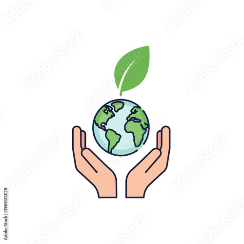Hands holding planet earth with green leaf above.