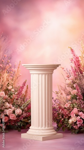 A white column surrounded by vibrant pink flowers against a soft pastel background