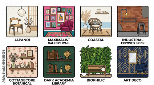 Interior design styles collection and home decor trends vector illustration