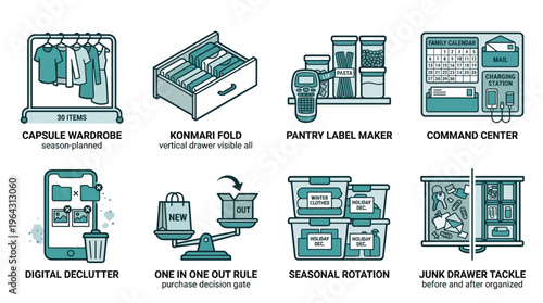 Home organization and decluttering tips minimalist infographic set