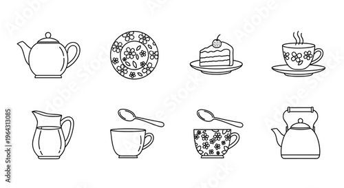 Collection of line art icons for tea time and dessert elements