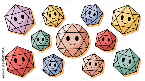 Geometric Faces of Delight: a charming composition of colorful geometric figures, each adorned with a joyful face, inviting playful exploration and creative engagement. 