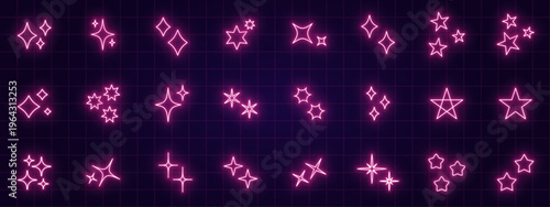 ネオンカラーの星とキラキラ記号のアイコンセットneon color star and sparkling symbol icon set.