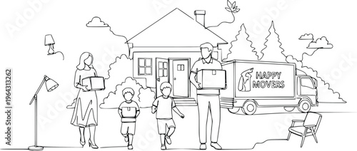 Family Moving Into New Home with Boxes and Moving Truck Continuous Line Drawing Vector