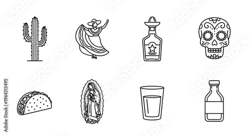 Collection of Mexican cultural icons in a simple line art style